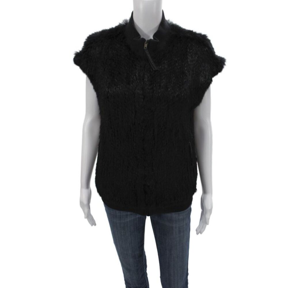 For Joseph Womens Black Fur Bomber Vest Zip Sleeveless Size S